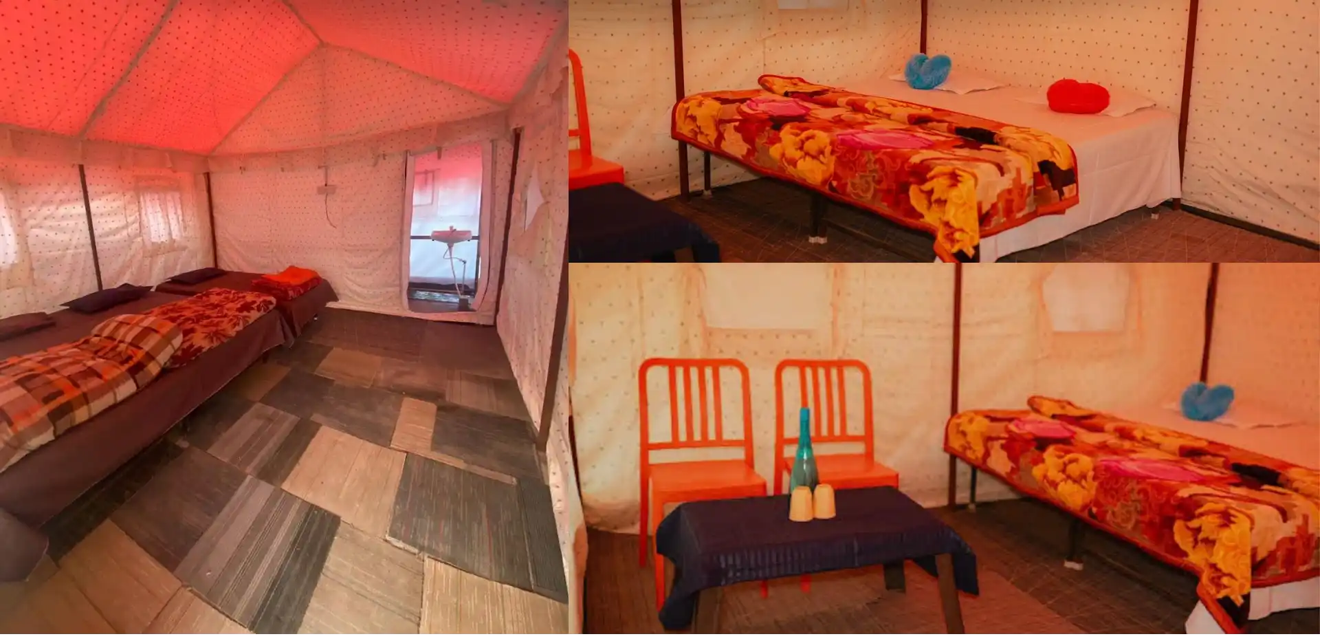 Comfortable tent interior with bed and seating area at RS10 camping resort