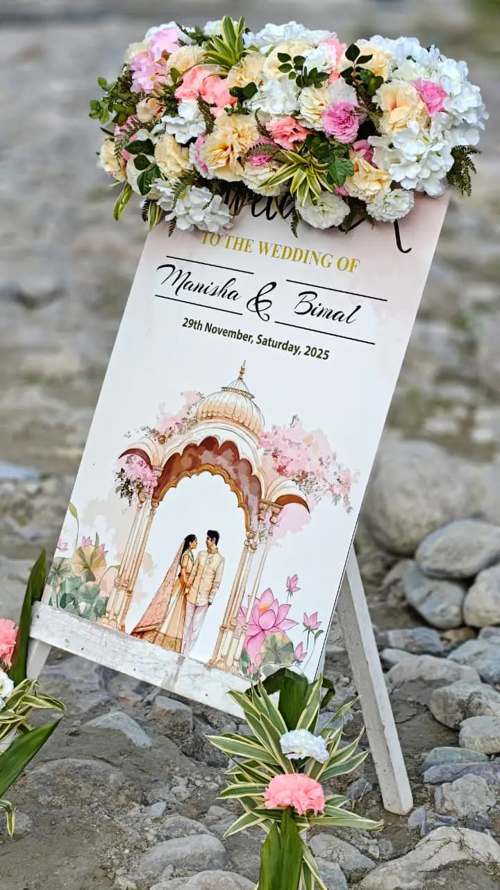 Floral welcome sign for destination wedding at RS01 resort in Rishikesh