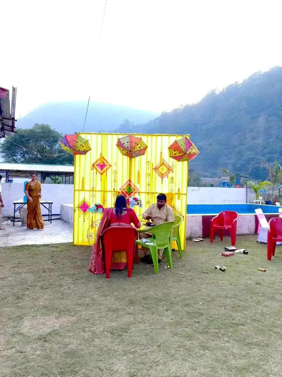 Haldi ceremony setup with colorful decor at RS03 resort in Rishikesh during destination wedding celebrations